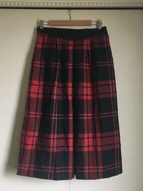 Vintage Dal Mara Black, Red & Silver Metallic Plaid Wool Blend Maxi Skirt 14